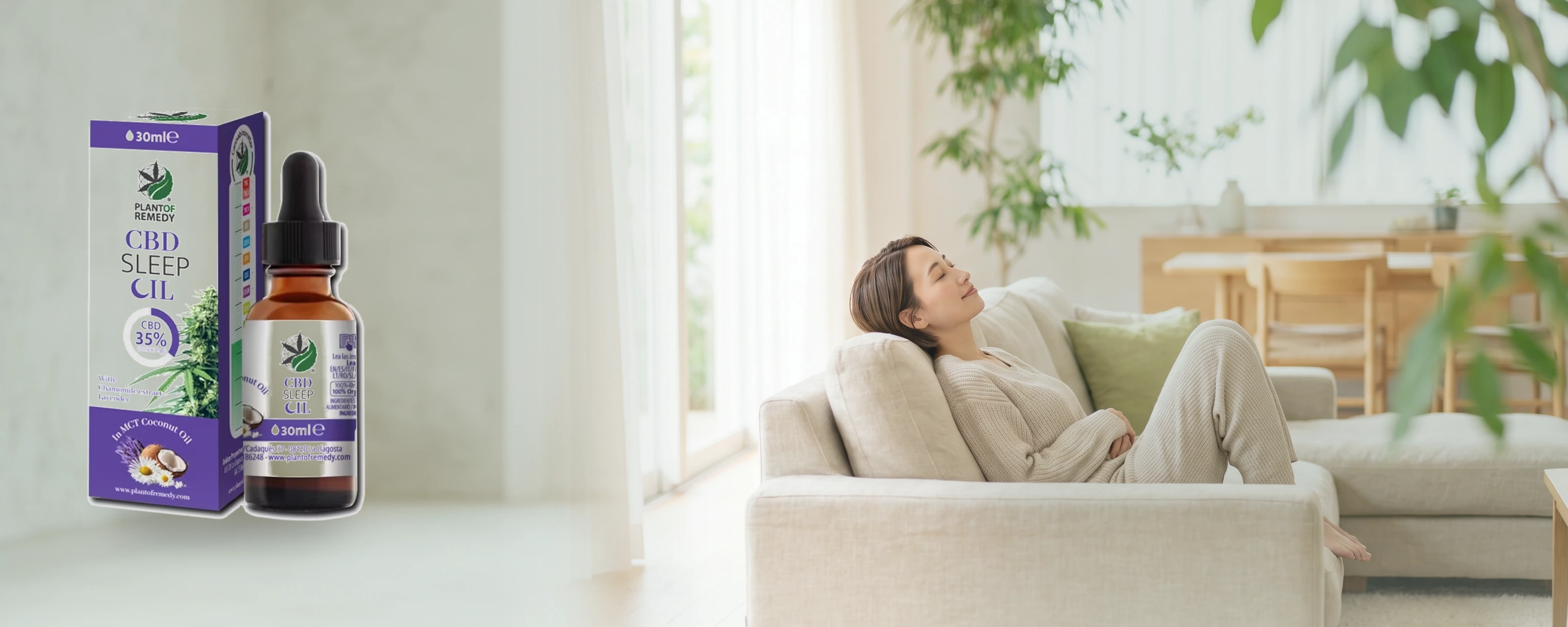 Plant of Remedy CBD Sleep Oil with a relaxed woman in the background